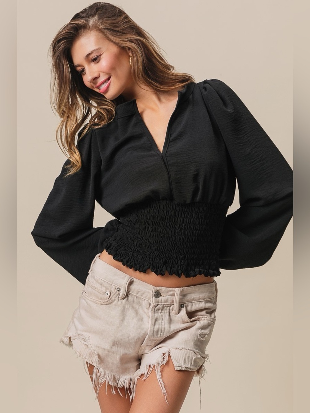 BiBi Smoking Waist Band and Puff Sleeves Deep V Neck Top